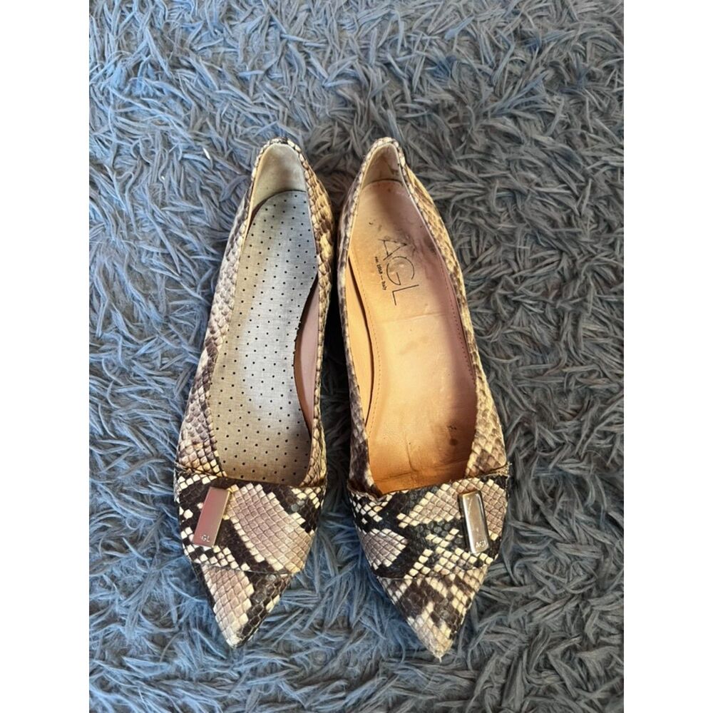 AGL Snake Skin Print Leather Pointed Toe Flats Size 39 9 US